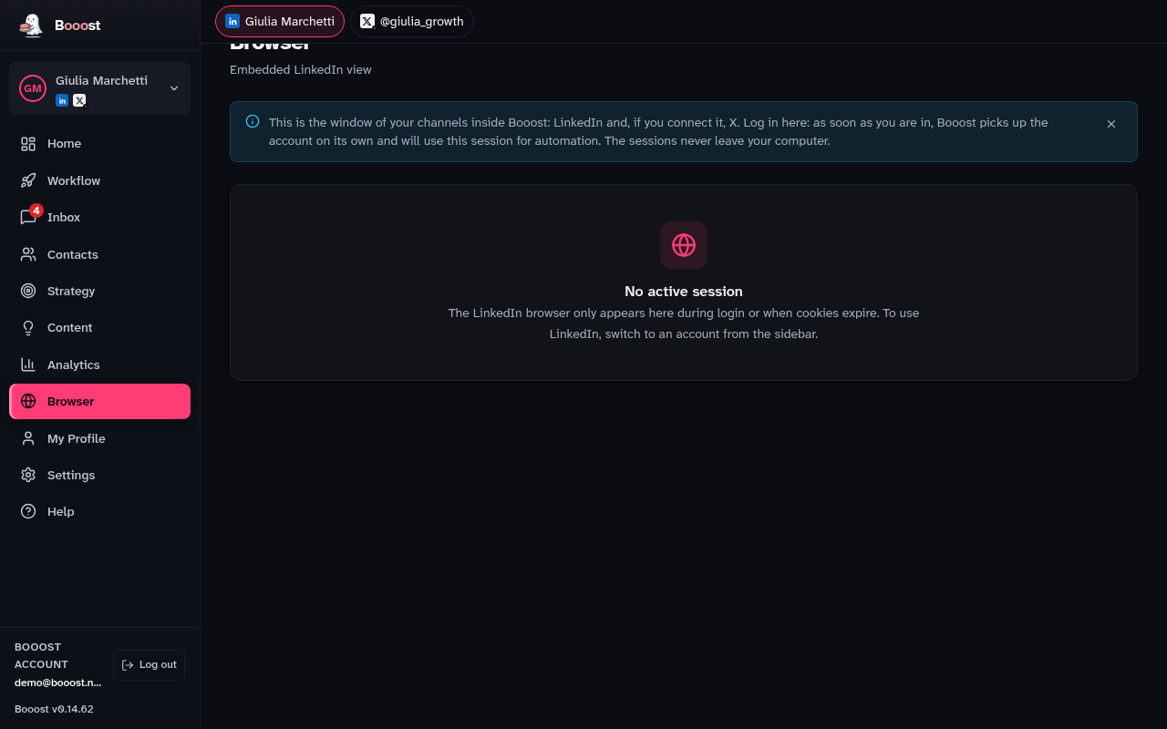 The embedded LinkedIn window on the Browser page