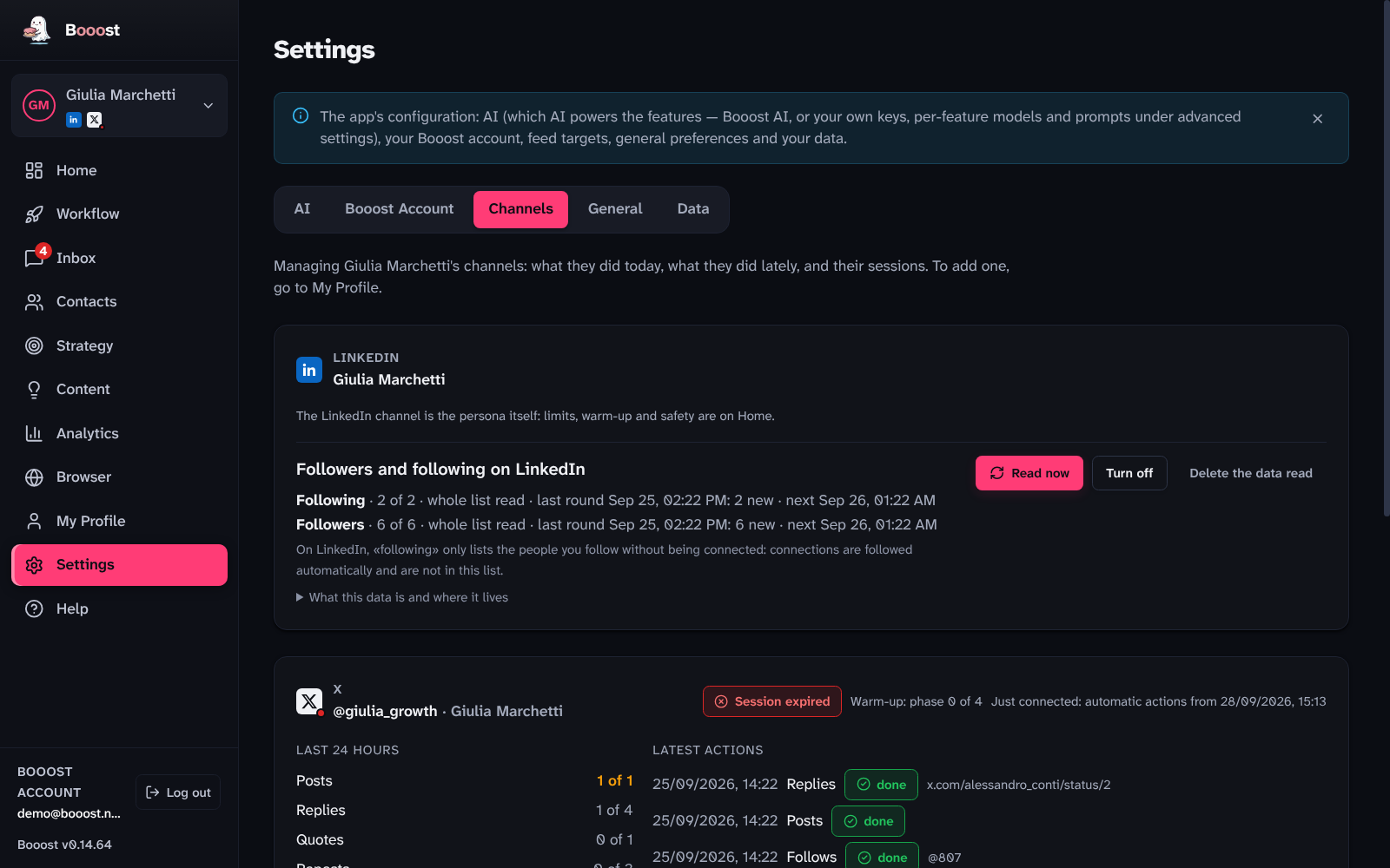 Settings → Channels: the X channel's daily budget per verb and its latest actions