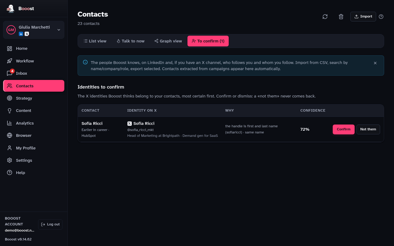 The "To confirm" tab, with one proposed match: an X identity, a LinkedIn contact, why, and the confidence