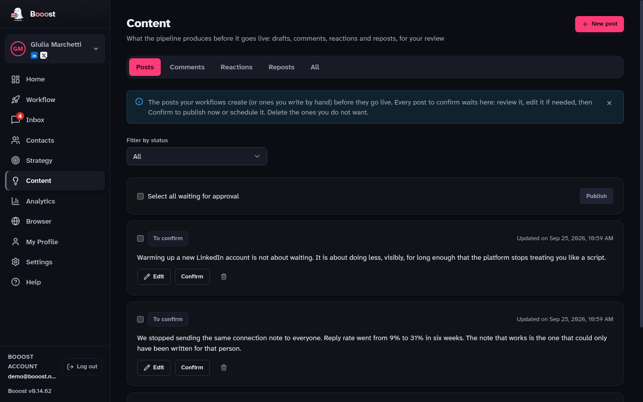 The Content page with its tabs and the review queue