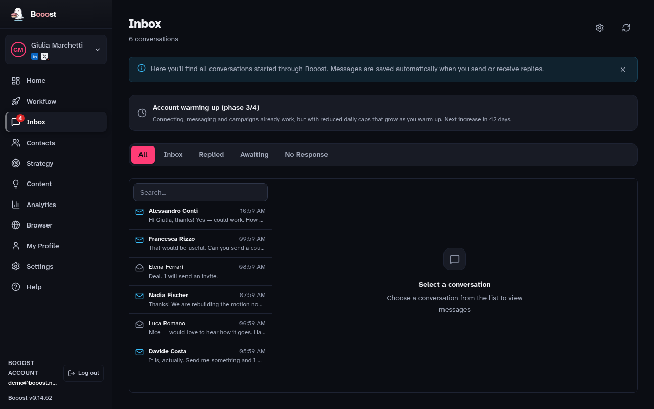 The Inbox page with the conversation list and an open thread