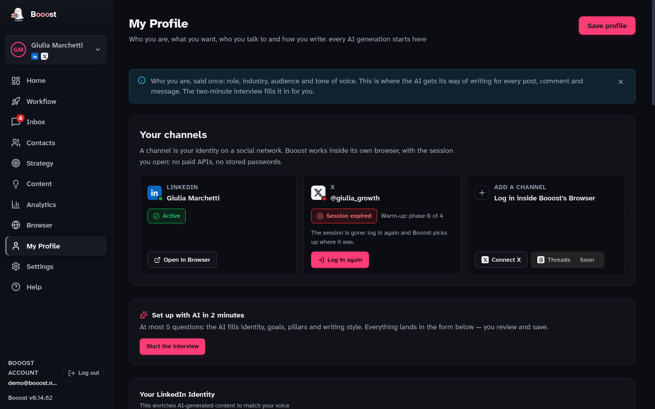 The top of the My Profile page: your channels, then "Set up with AI in 2 minutes" with its "Start the interview" button