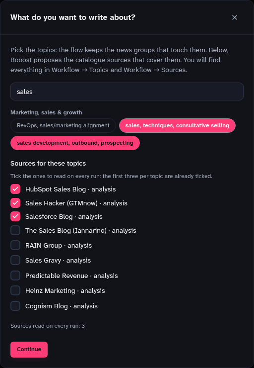 The "What do you want to write about?" window: topics first, then the sources that cover them