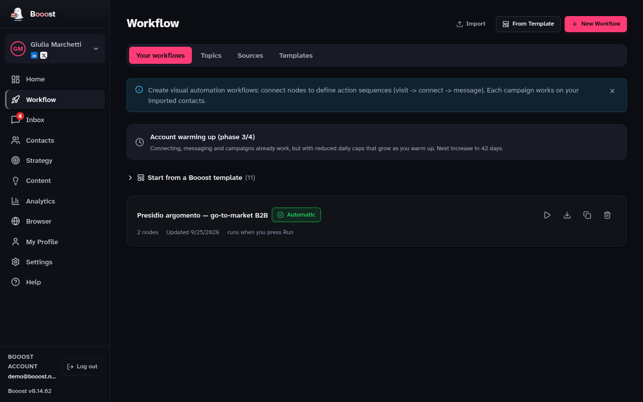 The workflow list, with the state of each one and the warm-up banner